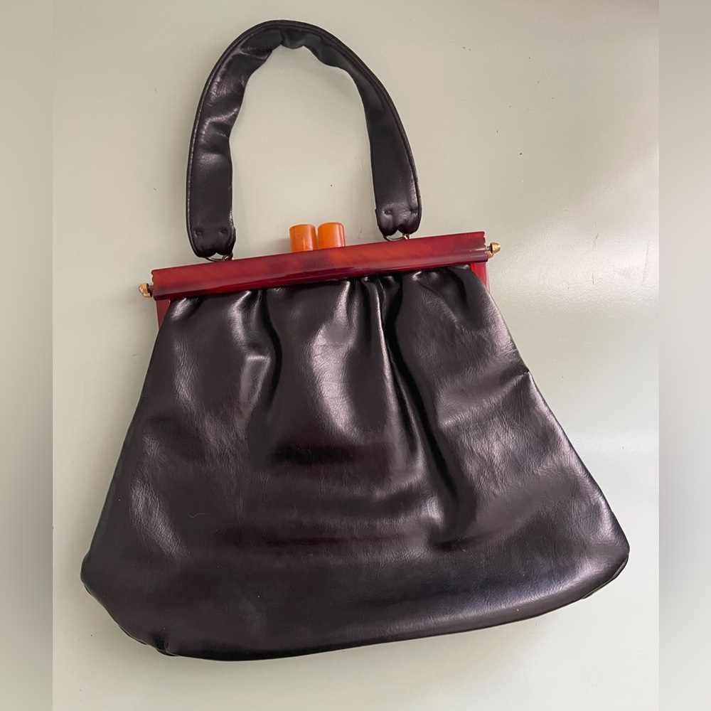 Vintage Handbag Purse Clutch Black Leather Bakelite